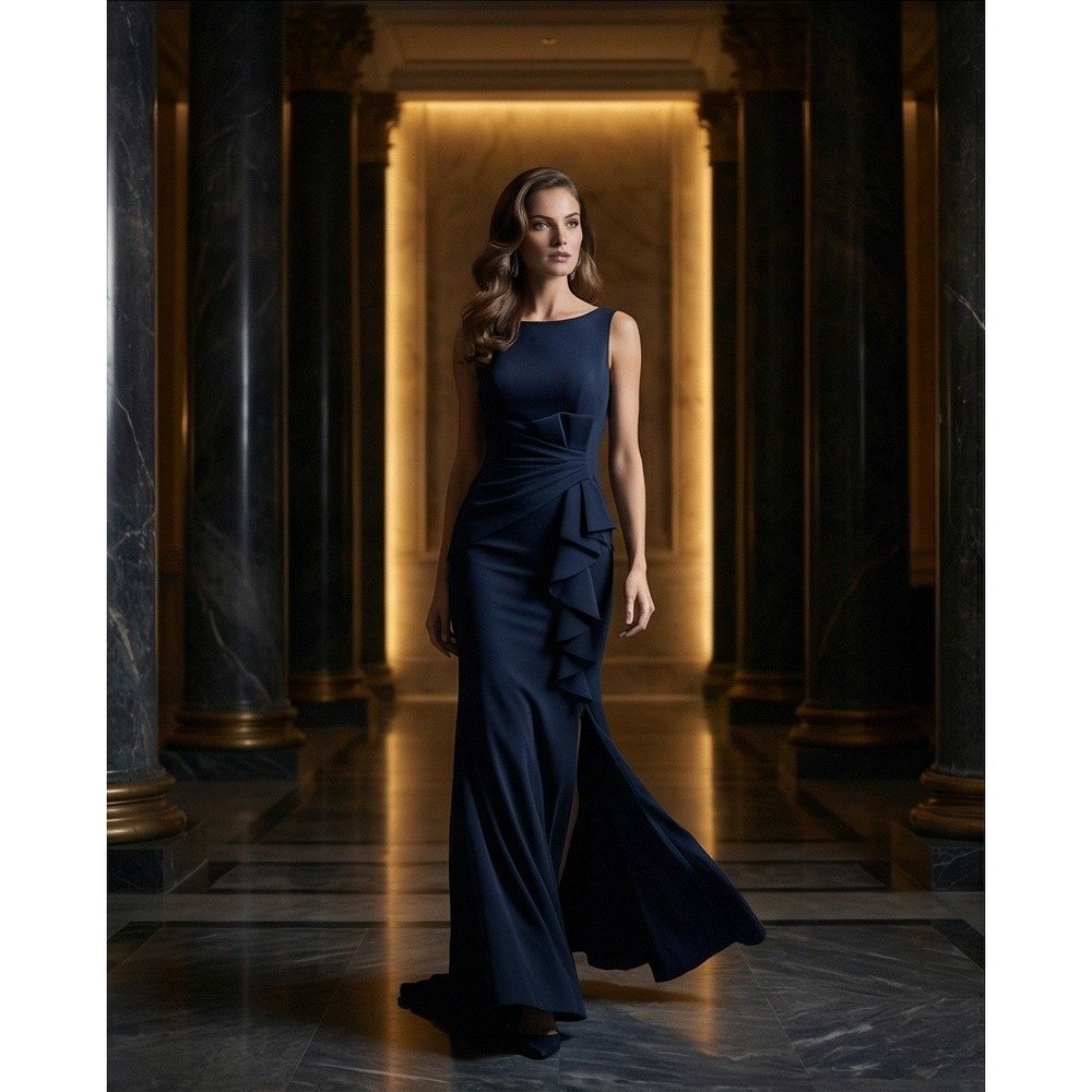 Eliza J 8 Dark Navy Blue (almost Black) Sleeveless Ruffle‎ Front Gown Dress NWT - Picture 2 of 13